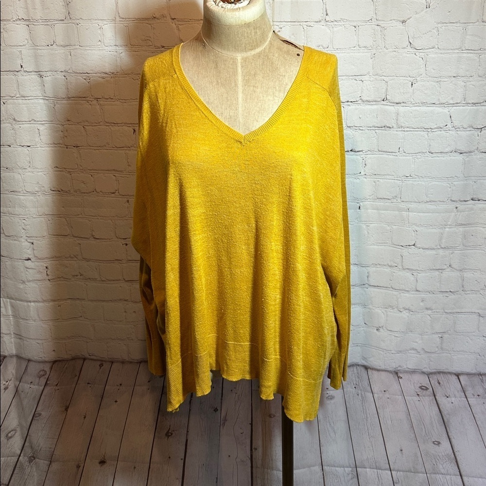Primark Womens Mustard Yellow V-Neck Oversized Knit Sweater XL Slouchy Pullover